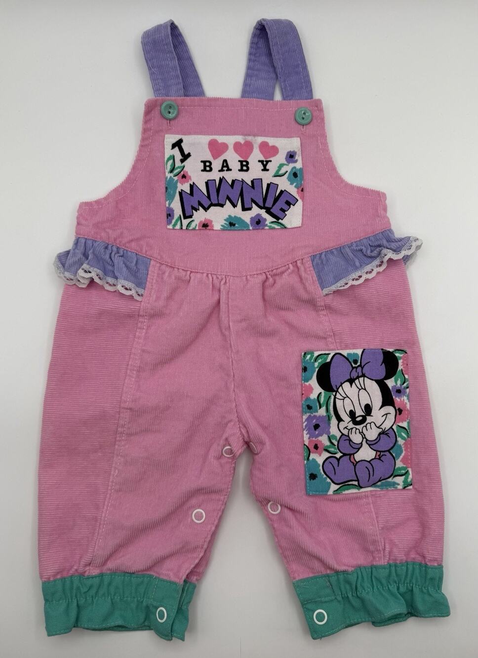 Vintage Disney Baby Minnie Mouse Overalls Corduroy Sz 0-6 Months Ruffles Pink